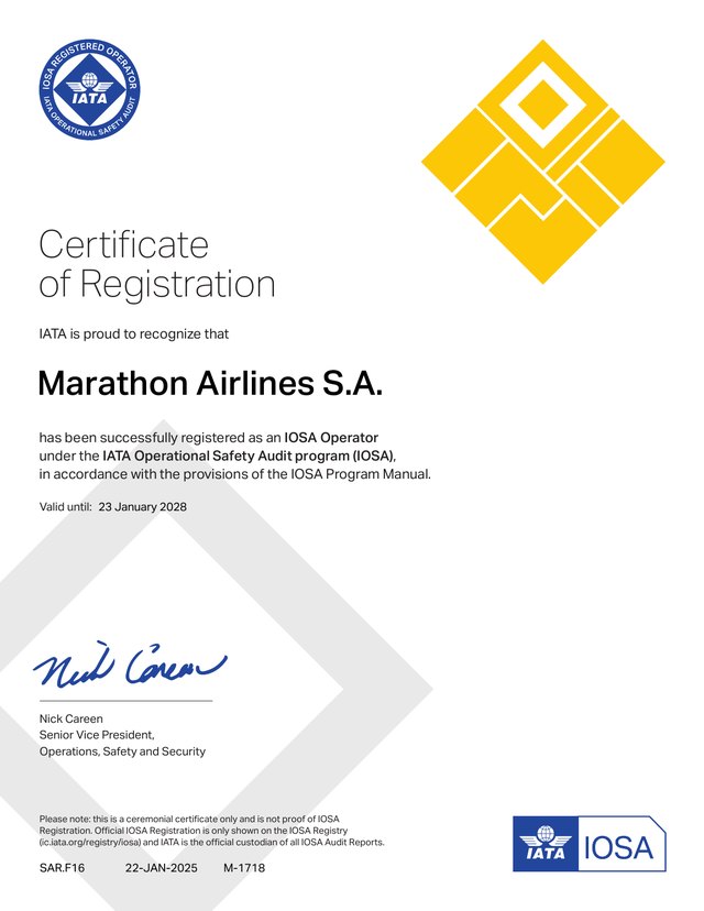 IATA IOSA Certificate of Registration issued to Marathon Airlines S.A., valid until 23 January 2028