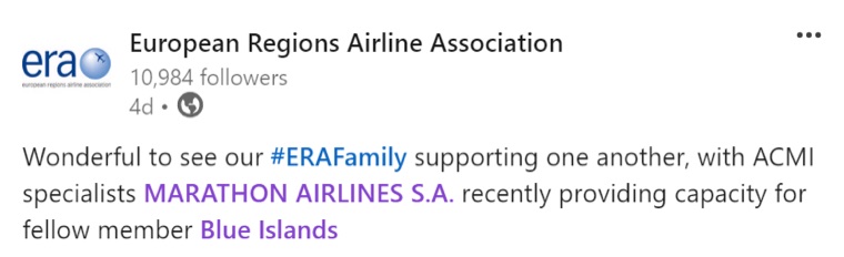 Marathon Airlines Recognized by European Regions Airline Association (ERA) for Successful ACMI Operations